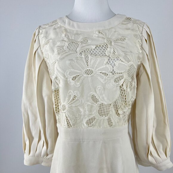 $655 NWT SEE BY CHLOÉ Embroidery Mini Dress Cream Size 40 Pleated Sleeves - Picture 3 of 13